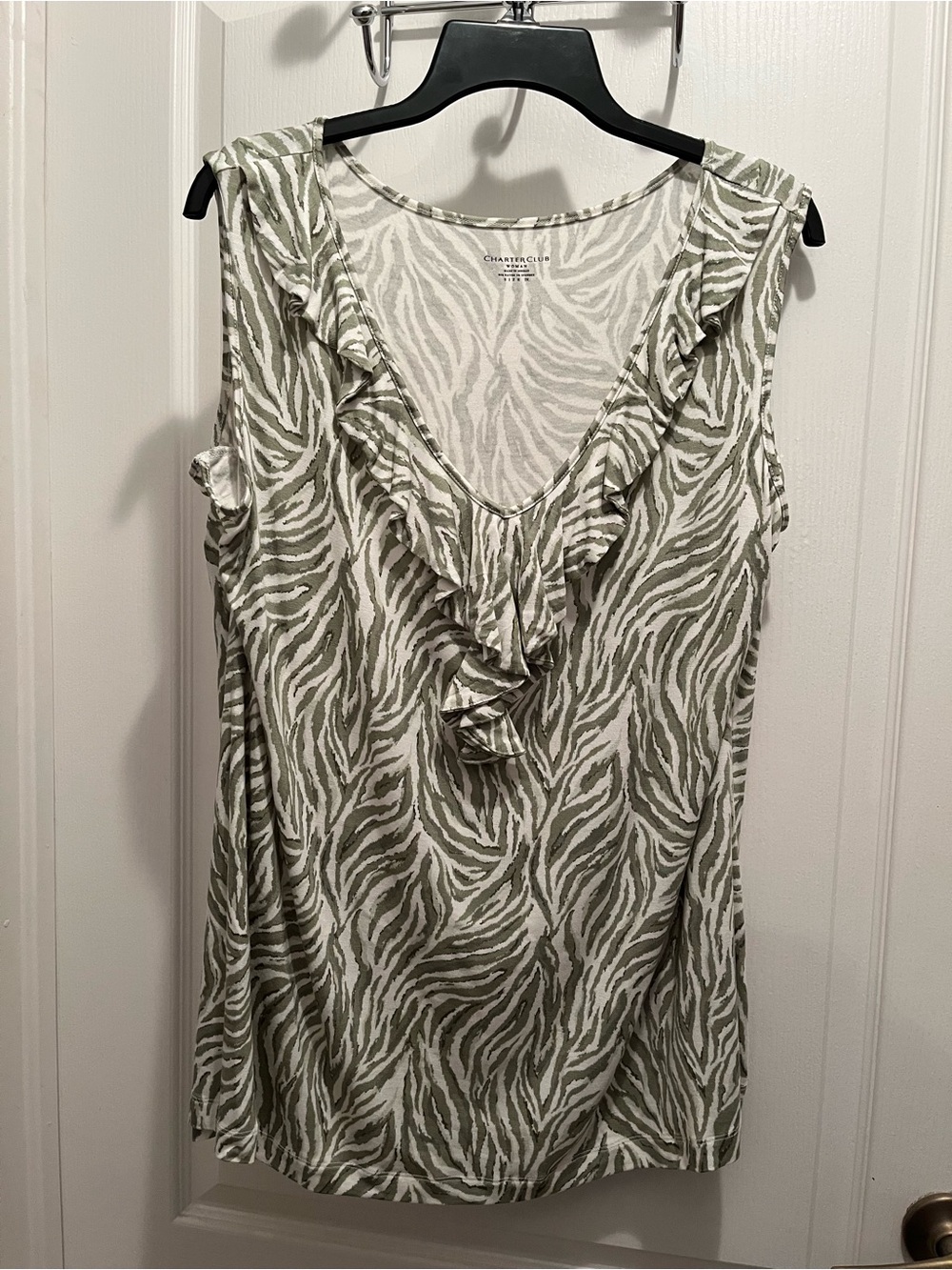 NWT Charter Club Olive and White Zebra-Print Ruffle V-Neck Tank